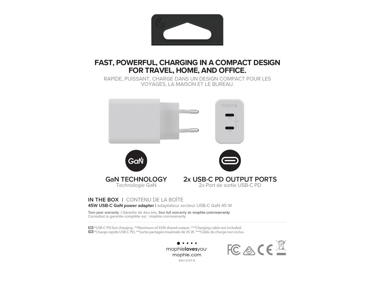 شاحن سريع Mophie Speedport بقوة 45 واط مع منفذي USB-C - أبيض