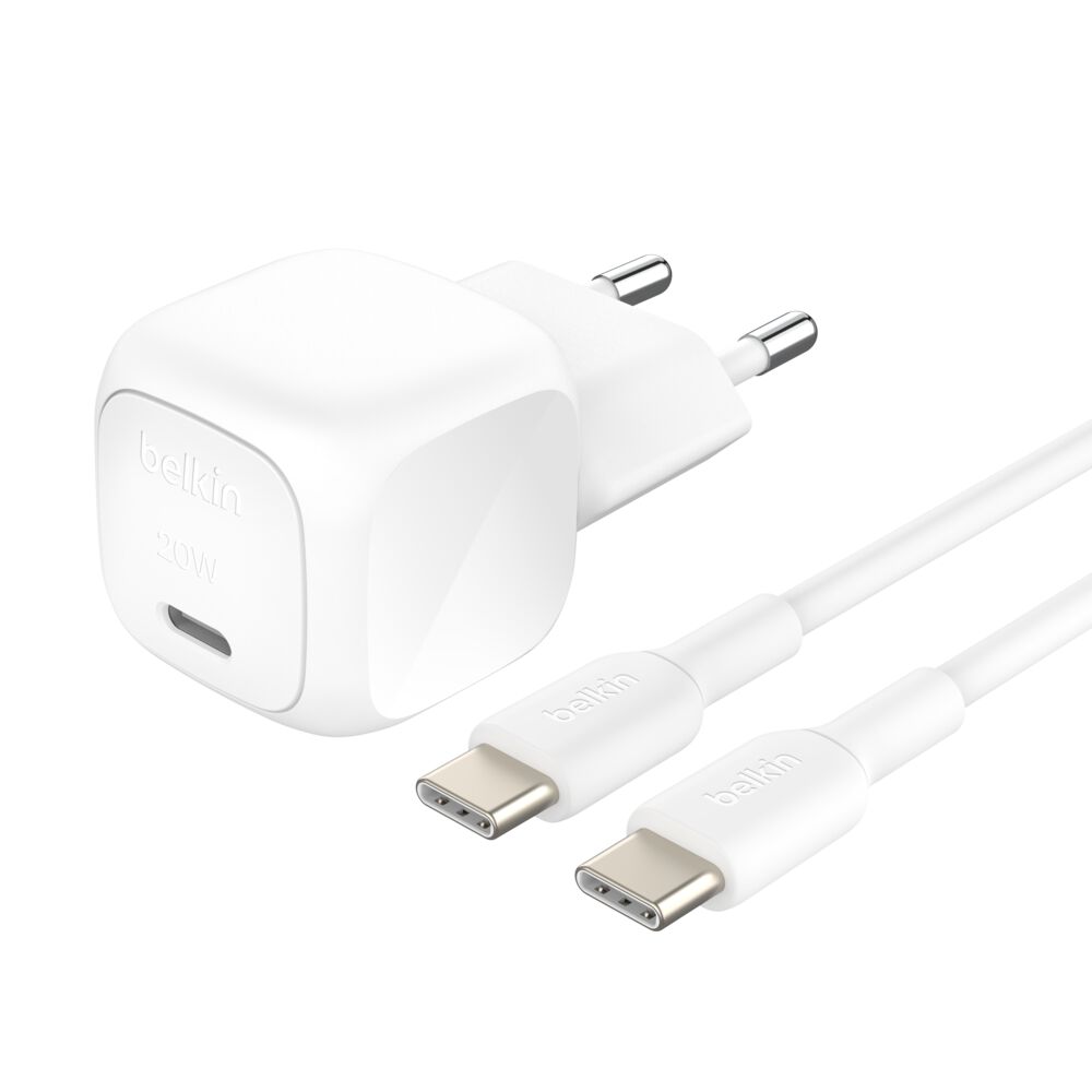 Belkin BoostCharge 20W wall charger with USB-C cable, 2-pin EU plug