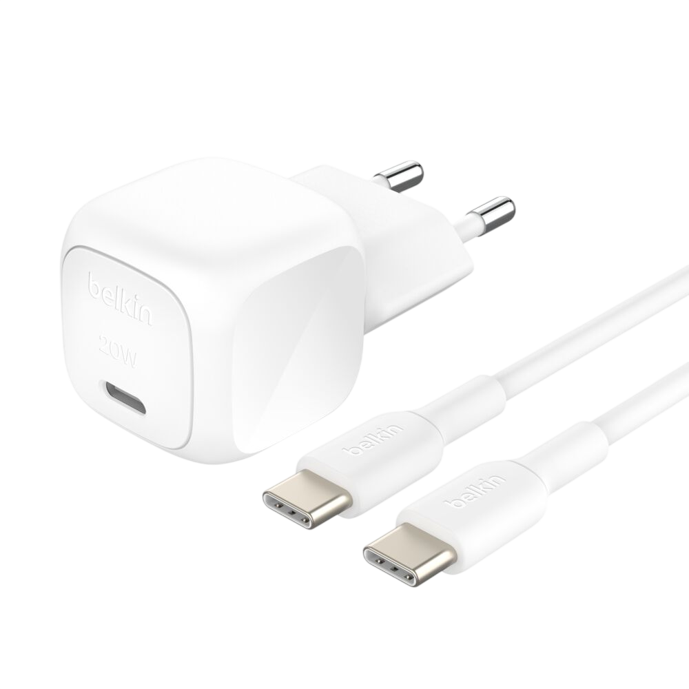 Belkin BoostCharge 20W wall charger with USB-C cable, 2-pin EU plug