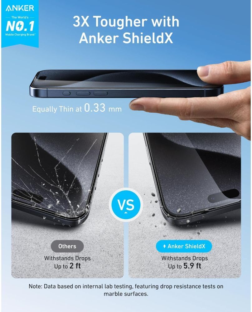 واقي شاشة أنكر 16 برو ماكس سهل التركيب (زجاج ShieldX)، زجاج عالي الدقة خالي من الفقاعات والغبار، متين ومقاوم للسقوط بصلابة 9H، تركيب سهل حصريًا لجهاز آيفون 16 برو ماكس 6.9 بوصة (عبوة من 2)