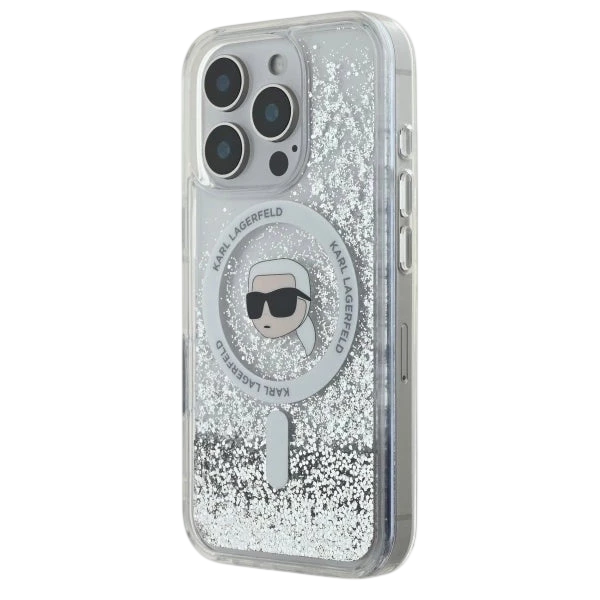 Karl Lagerfeld Magsafe Liquid Glitter Hard Case with Karl Head for iPhone 16 Pro Max, Drop and shock protection, Slim and Lightweight, Precise port Cutouts - Clear