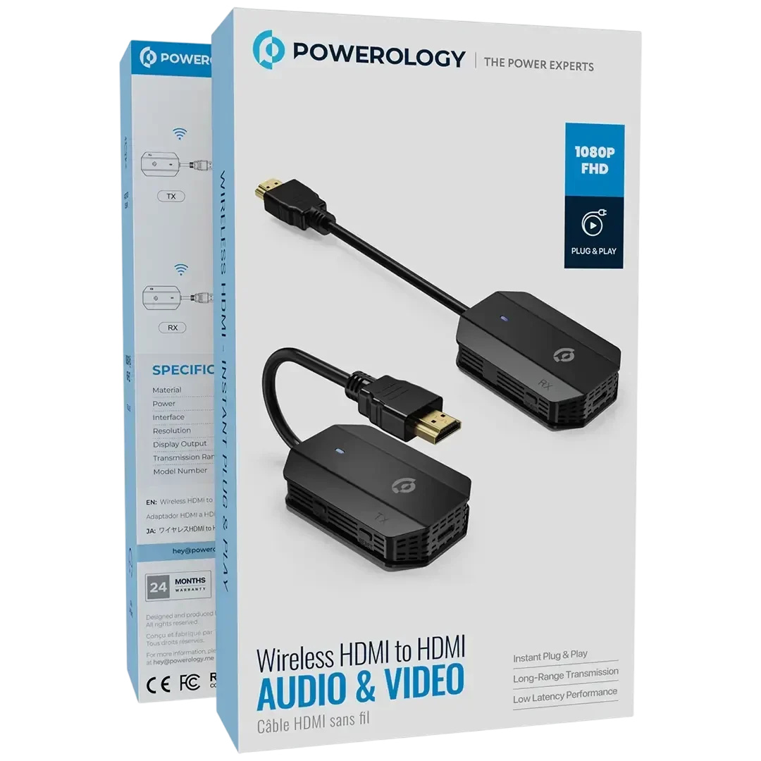 Powerology Wireless HDMI Mirroring Adaptor Pair with USB-C Cable Full HD 1080P - Black