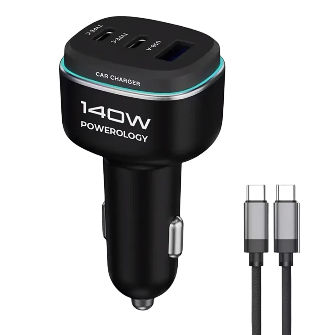 Powerology 140W Triple-Port High-Power Car Charger with USB-C to USB-C Cable