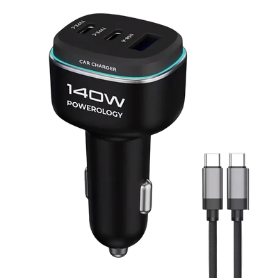 Powerology 140W Triple-Port High-Power Car Charger with USB-C to USB-C Cable