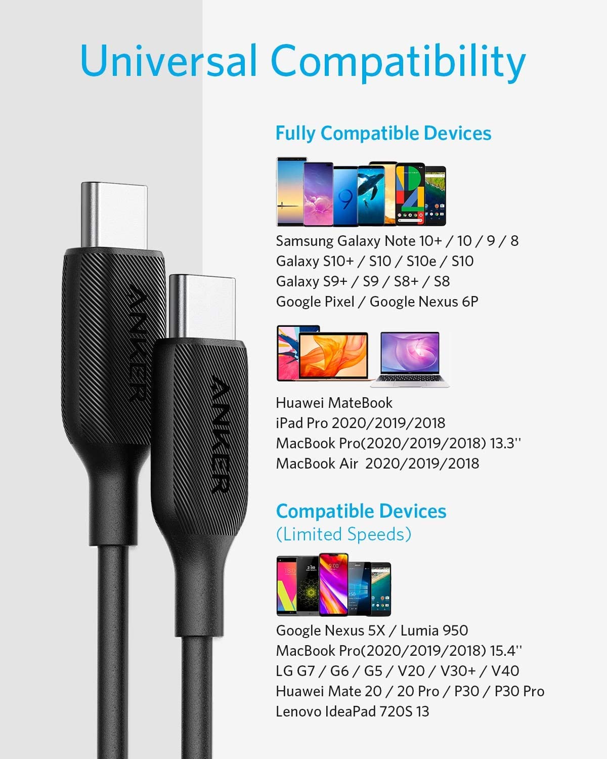 كابل أنكر باورلاين III USB-C إلى USB-C بقوة 60 واط - أسود مع ضمان رسمي لمدة 18 شهرًا