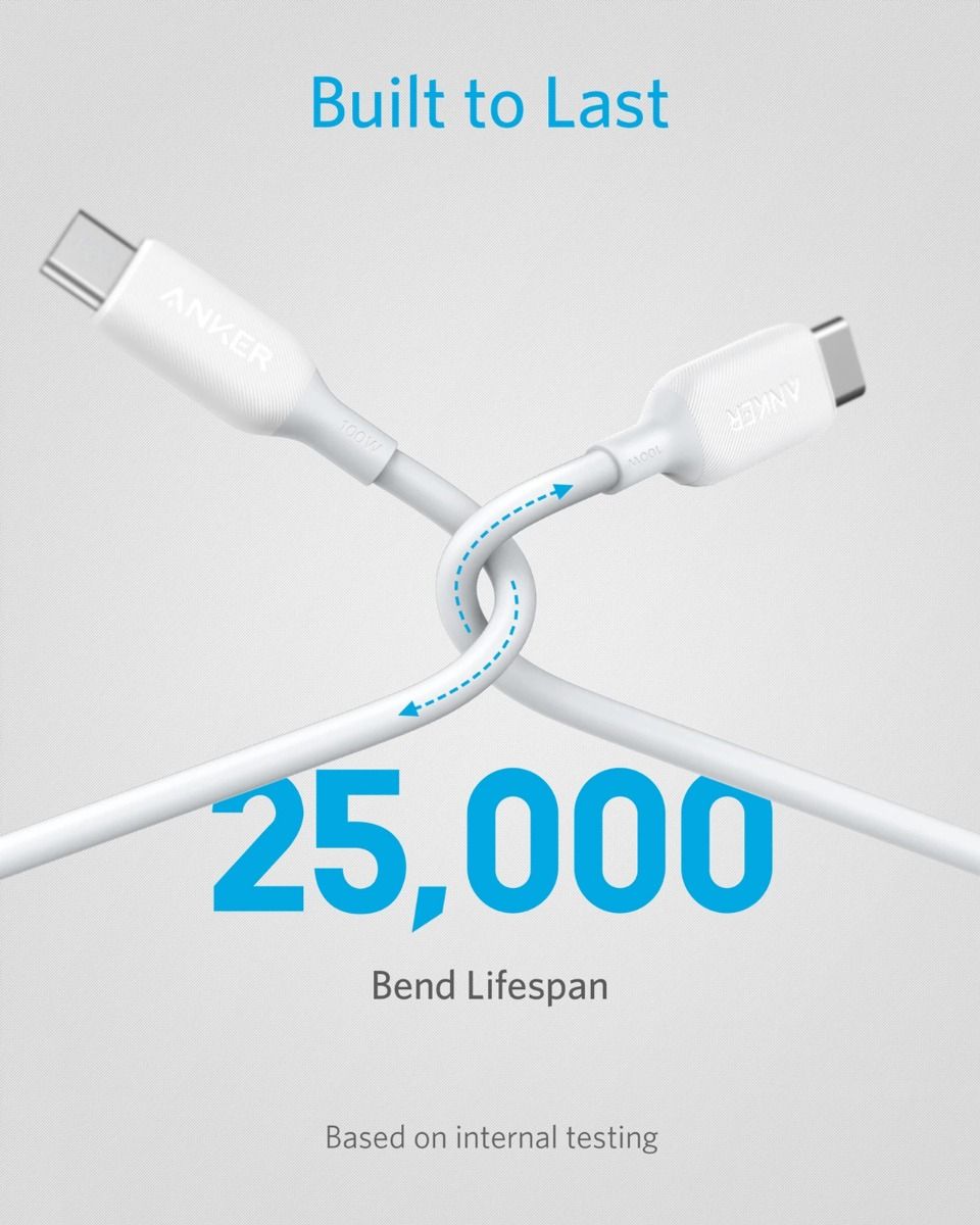 كابل أنكر باورلاين III USB-C إلى USB-C 100W بطول 1.8م - أبيض مع ضمان رسمي لمدة 18 شهرًا