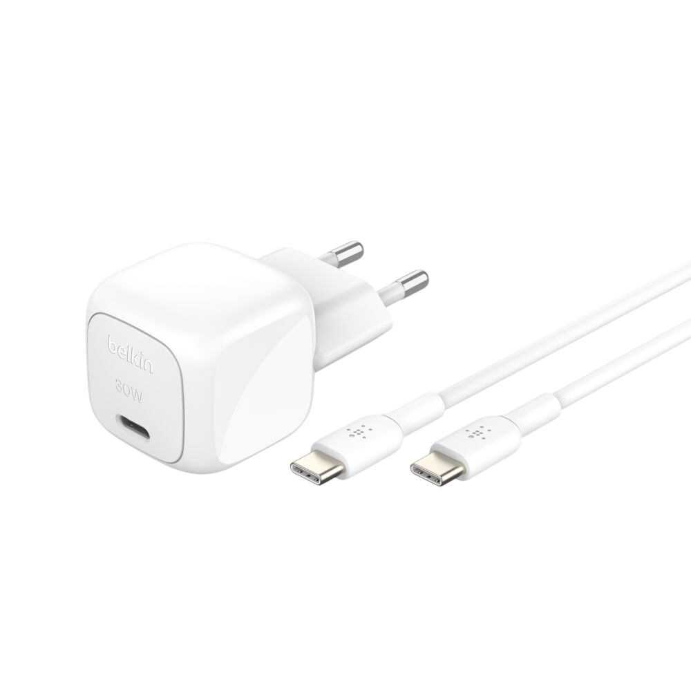 Belkin BoostCharge 30W wall charger with USB-C cable, 2-pin EU plug