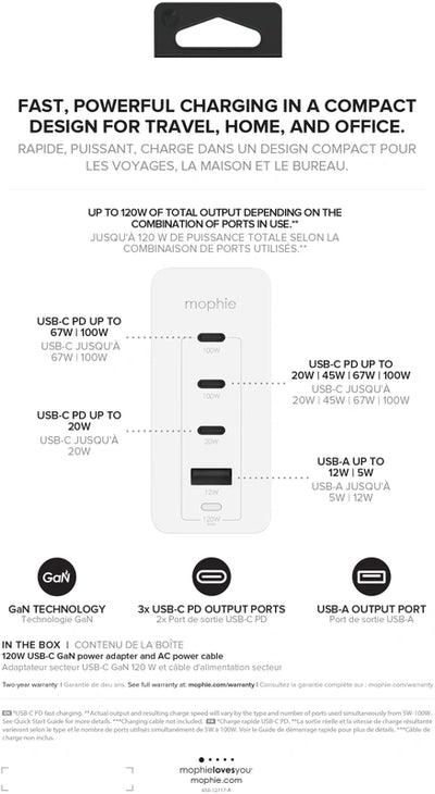 Mophie Wall Adapter 3 USB-C+1 USB-A 120W - White