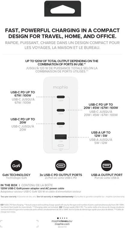 Mophie Wall Adapter 3 USB-C+1 USB-A 120W - White