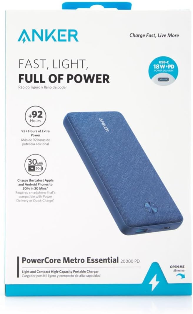 Anker PowerCore Metro Essential 20,000 20W PD - قماش أزرق مع ضمان 18 شهرًا