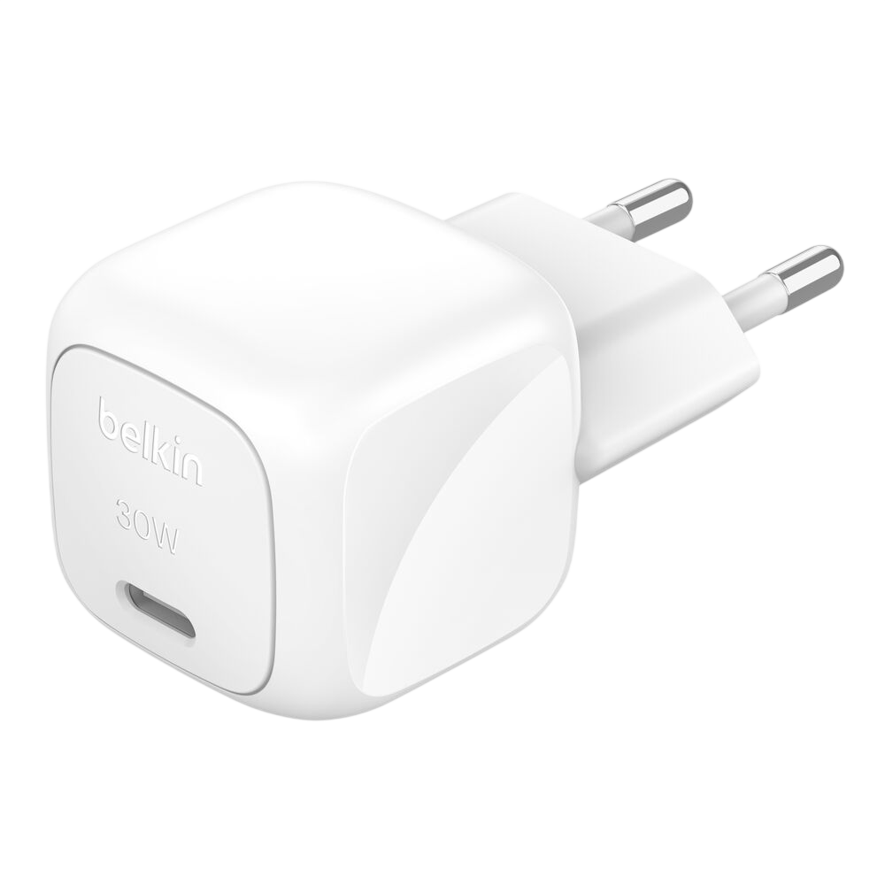 Belkin 30W USB-C wall charger quarter view with EU plug