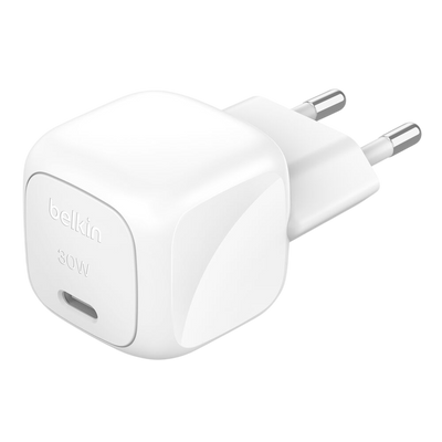 Belkin 30W USB-C wall charger quarter view with EU plug