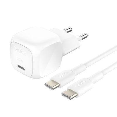 Belkin BoostCharge 20W wall charger with USB-C cable, 2-pin EU plug