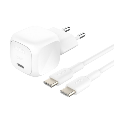 Belkin BoostCharge 20W wall charger with USB-C cable, 2-pin EU plug