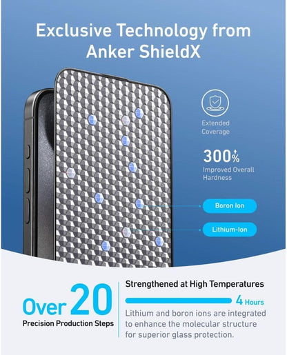 واقي شاشة Anker 16 Pro Easy Fit (زجاج ShieldX) لهاتف iPhone 16 Pro (عبوتان)