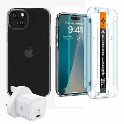 حزمة Spigen iPhone 15 Plus (حامي الشاشة + غلاف Crystal Flex Clear + شاحن الحائط Spigen 27W ArcStation 27W)