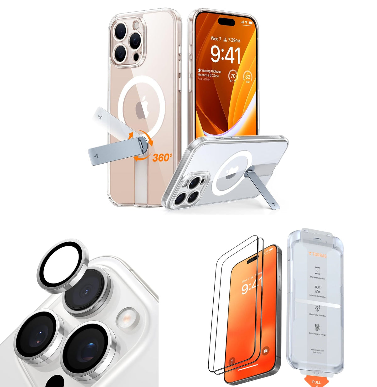 Torras Camera Lens Protector TORRAS Pstand Spin 360 Case + Screen Protector + Camera Lens for iPhone ...