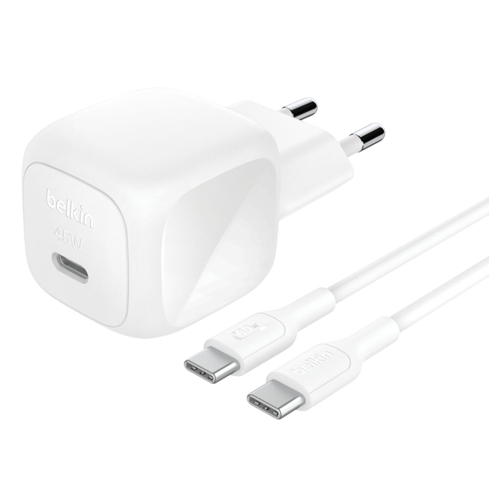 Belkin BoostCharge 45W wall charger with USB-C cable, 2-pin EU plug
