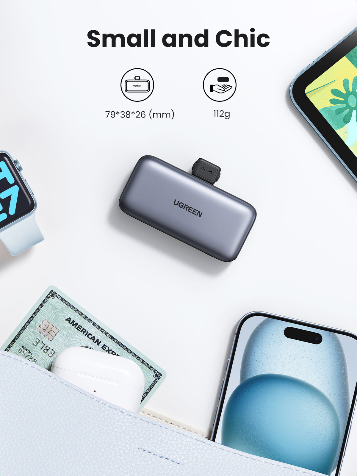 باور بانك UGREEN Nexode بسعة 5000mAh وقدرة 20W بموصل USB-C مدمج وشاشة LED