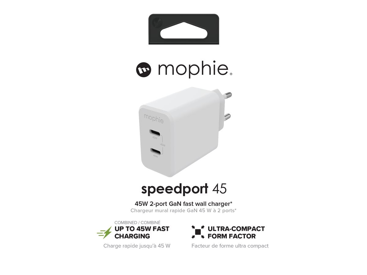 شاحن Mophie Speedport السريع بمنفذي USB-C 45 وات - أبيض