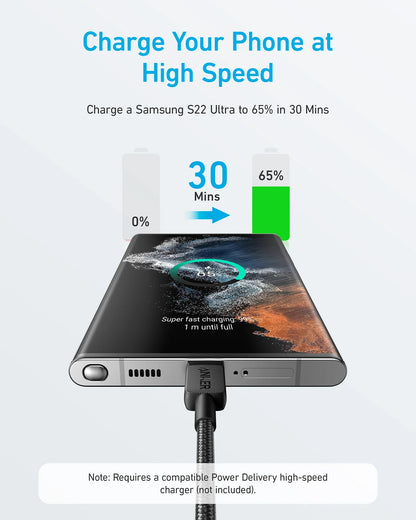 كابل Anker 322 USB-C إلى USB-C 60 وات مجدول 1.8 متر مع ضمان 18 شهرًا