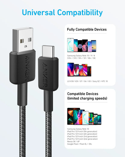 كابل Anker 322 USB-A إلى USB-C مضفر بطول 0.9 متر مع ضمان 18 شهرًا