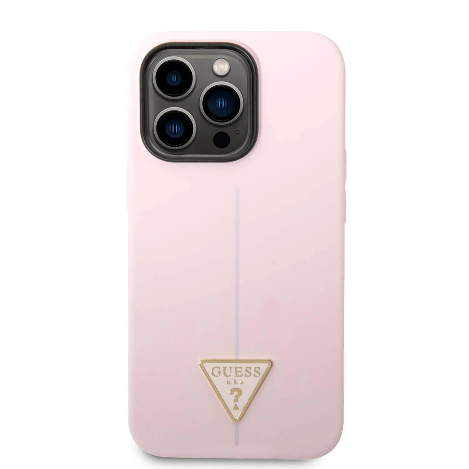 Guess Liquid Silicone Case with Shiny Line & Metal Triangle logo for iPhone 14 Pro Max