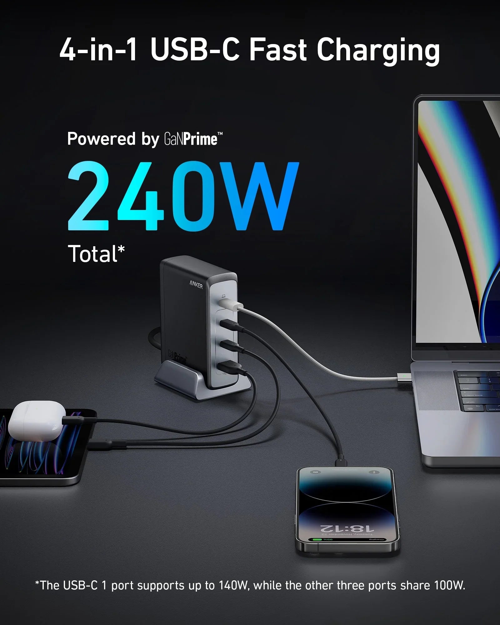شاحن مكتبي Anker Prime 240W GaN (4 منافذ)
