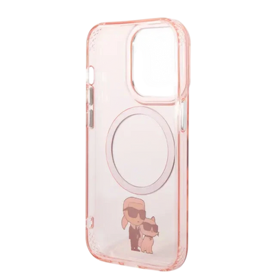 حافظة شفافة من السيليكون مع شعار Karl & Choupette باللون الوردي من Karl Lagerfeld لجهاز iPhone 16 Pro Max