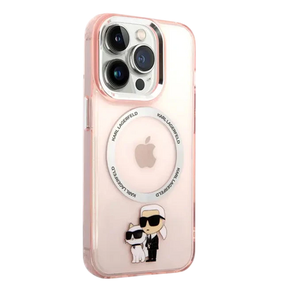 حافظة شفافة من السيليكون مع شعار Karl & Choupette باللون الوردي من Karl Lagerfeld لجهاز iPhone 16 Pro Max