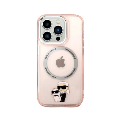 حافظة شفافة من السيليكون مع شعار Karl & Choupette باللون الوردي من Karl Lagerfeld لجهاز iPhone 16 Pro Max