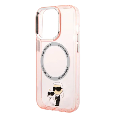 حافظة شفافة من السيليكون مع شعار Karl & Choupette باللون الوردي من Karl Lagerfeld لجهاز iPhone 16 Pro Max