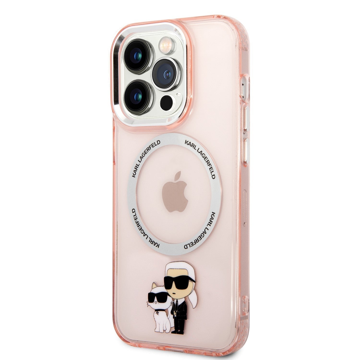 جراب Karl Lagerfeld Magsafe IML NFT Karl & Choupette مصنوع من السيليكون الوردي الشفاف لهاتف iPhone 16 Pro Max