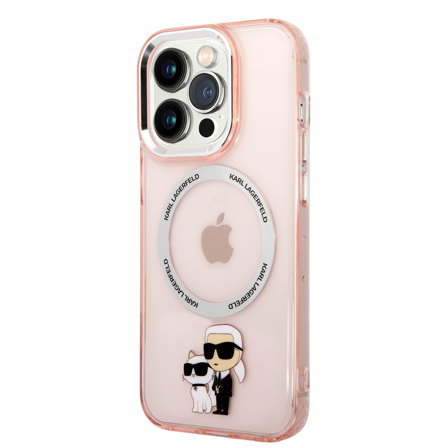 حافظة شفافة من السيليكون مع شعار Karl & Choupette باللون الوردي من Karl Lagerfeld لجهاز iPhone 16 Pro Max