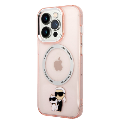 حافظة شفافة من السيليكون مع شعار Karl & Choupette باللون الوردي من Karl Lagerfeld لجهاز iPhone 16 Pro Max