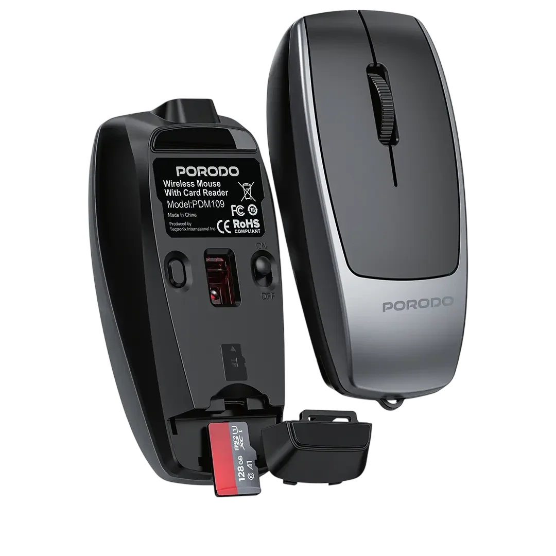Porodo 1600DPI Wireless Mouse with Card Reader - Black 