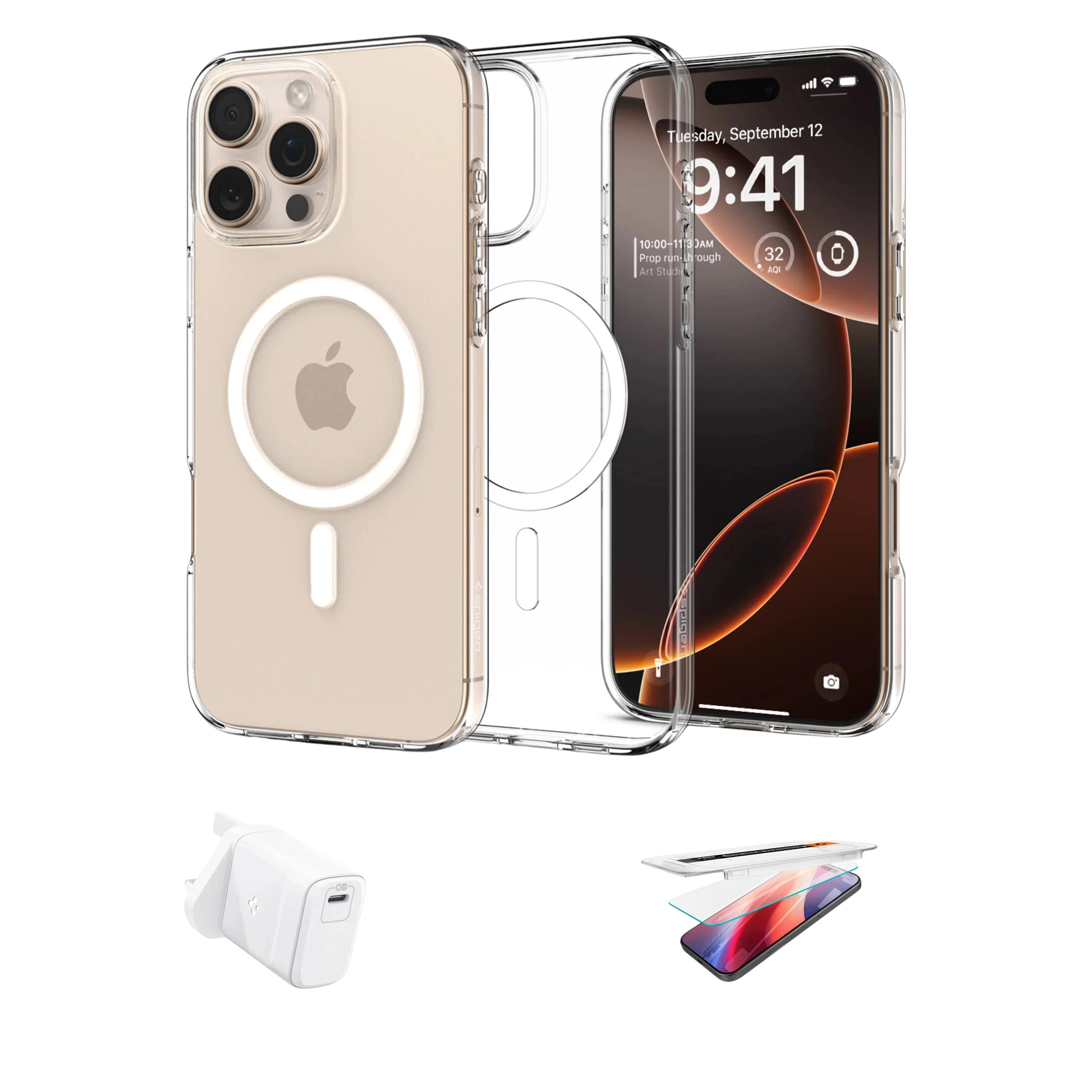 Spigen iPhone Bundle Pack (Liquid Crystal MagFit Case + Screen Protector + 30W Charger)