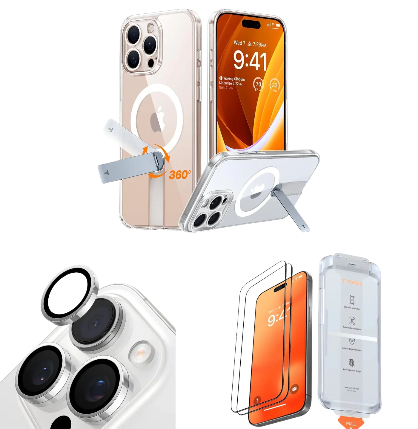 TORRAS Pstand Spin 360 Case + Screen Protector + Camera Lens for iPhone 16 Pro Bundle