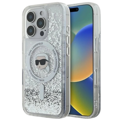 Karl Lagerfeld Magsafe Liquid Glitter Hard Case with Karl Head for iPhone 16 Pro Max, Drop and shock protection, Slim and Lightweight, Precise port Cutouts - Clear