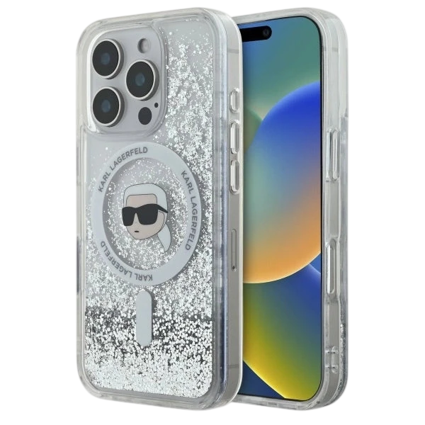 Karl Lagerfeld Magsafe Liquid Glitter Hard Case with Karl Head for iPhone 16 Pro Max, Drop and shock protection, Slim and Lightweight, Precise port Cutouts - Clear