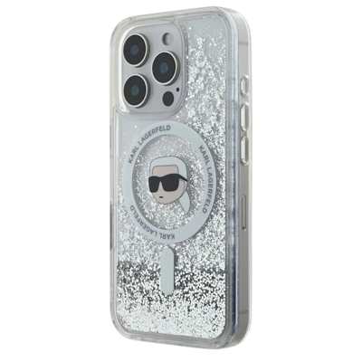 Karl Lagerfeld Magsafe Liquid Glitter Hard Case with Karl Head for iPhone 16 Pro Max, Drop and shock protection, Slim and Lightweight, Precise port Cutouts - Clear