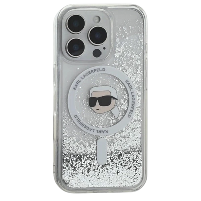 Karl Lagerfeld Magsafe Liquid Glitter Hard Case with Karl Head for iPhone 16 Pro Max, Drop and shock protection, Slim and Lightweight, Precise port Cutouts - Clear