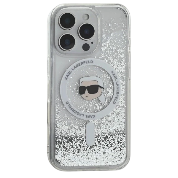 Karl Lagerfeld Magsafe Liquid Glitter Hard Case with Karl Head for iPhone 16 Pro Max, Drop and shock protection, Slim and Lightweight, Precise port Cutouts - Clear