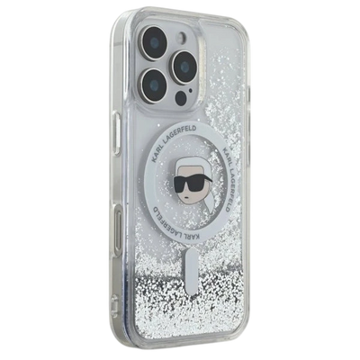 Karl Lagerfeld Magsafe Liquid Glitter Hard Case with Karl Head for iPhone 16 Pro Max, Drop and shock protection, Slim and Lightweight, Precise port Cutouts - Clear