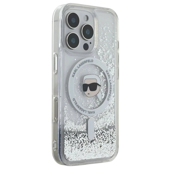 Karl Lagerfeld Magsafe Liquid Glitter Hard Case with Karl Head for iPhone 16 Pro Max, Drop and shock protection, Slim and Lightweight, Precise port Cutouts - Clear