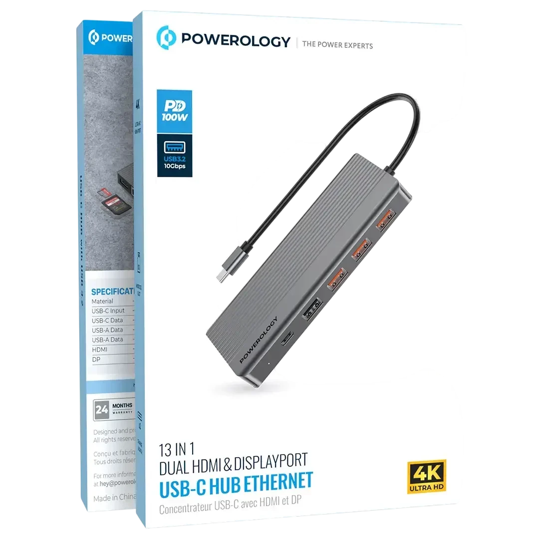 Powerology 13-in-1 Dual HDMI & DisplayPort USB-C Hub Ethernet - Gray