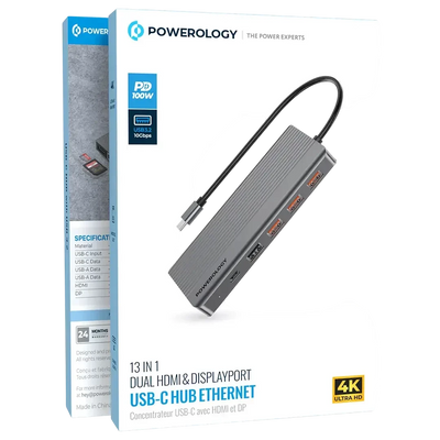 Powerology 13-in-1 Dual HDMI & DisplayPort USB-C Hub Ethernet - Gray