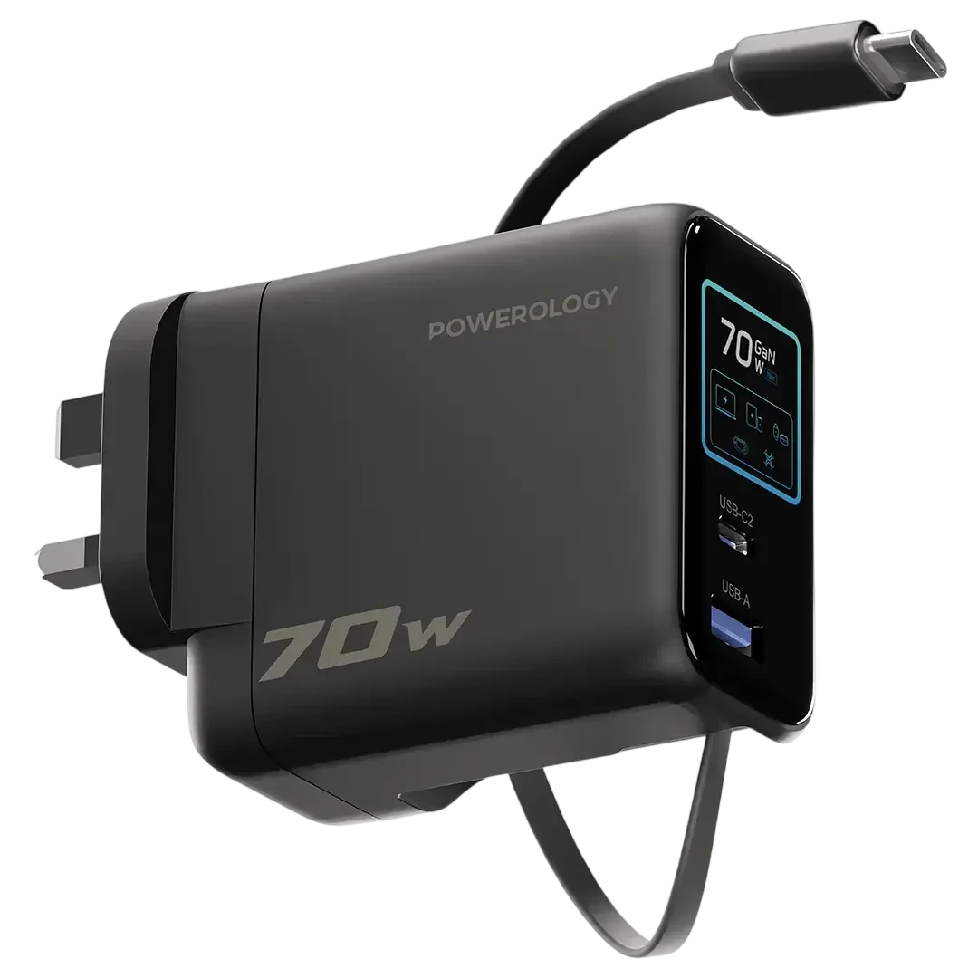 Powerology 70W TFT Adapter with Retractable Type-C Cable - Black