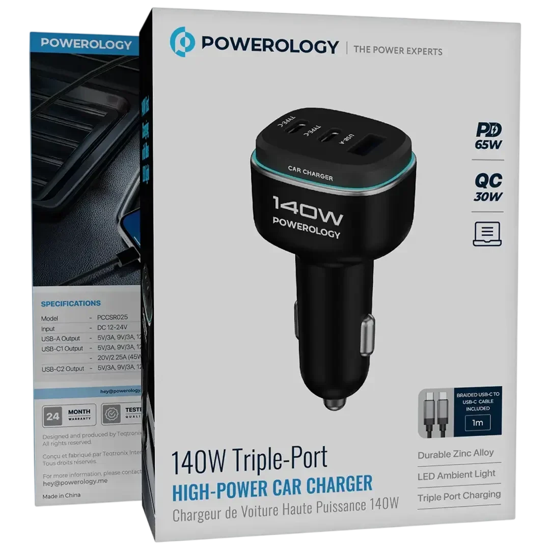 Powerology 140W Triple-Port High-Power Car Charger with USB-C to USB-C Cable