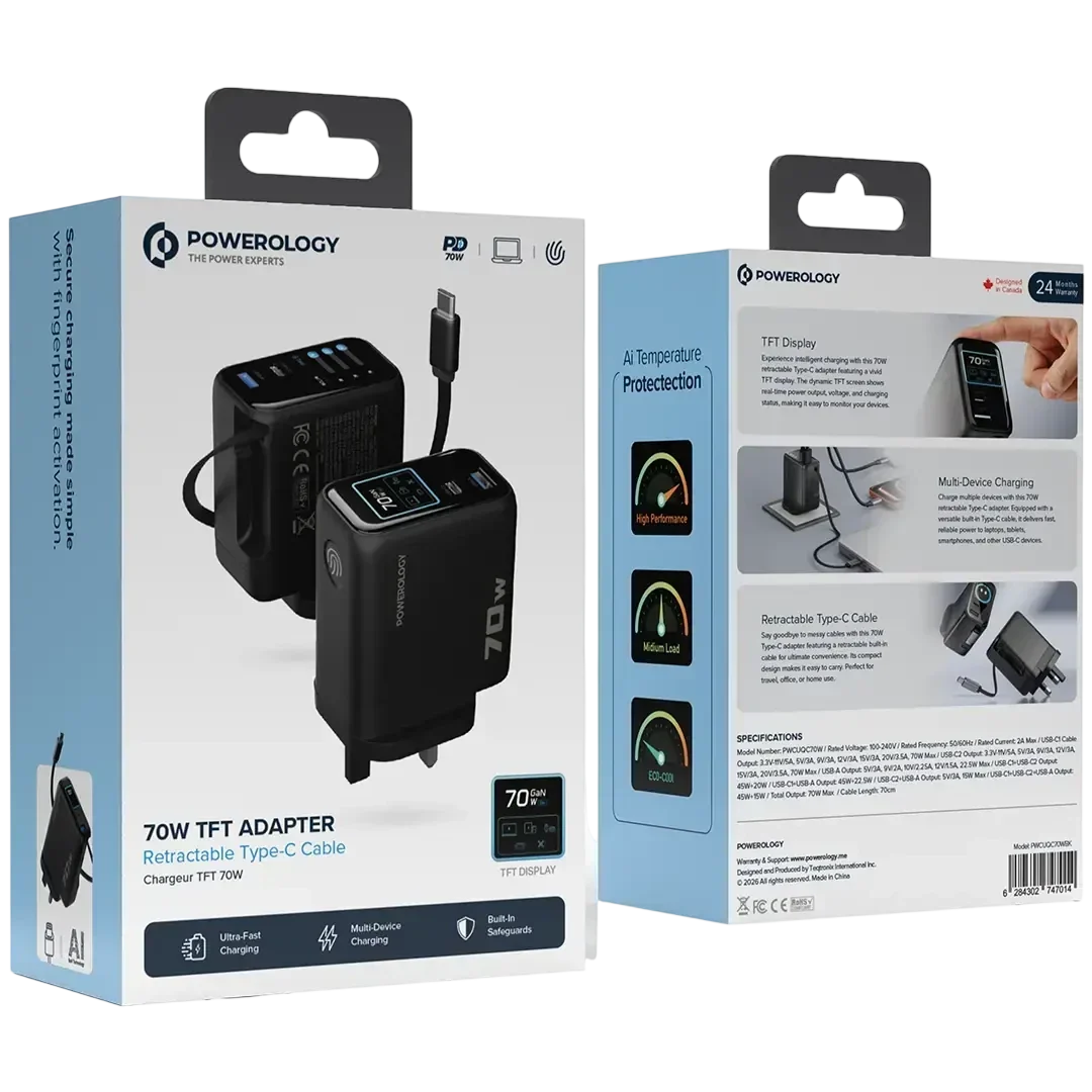 Powerology 70W TFT Adapter with Retractable Type-C Cable - Black